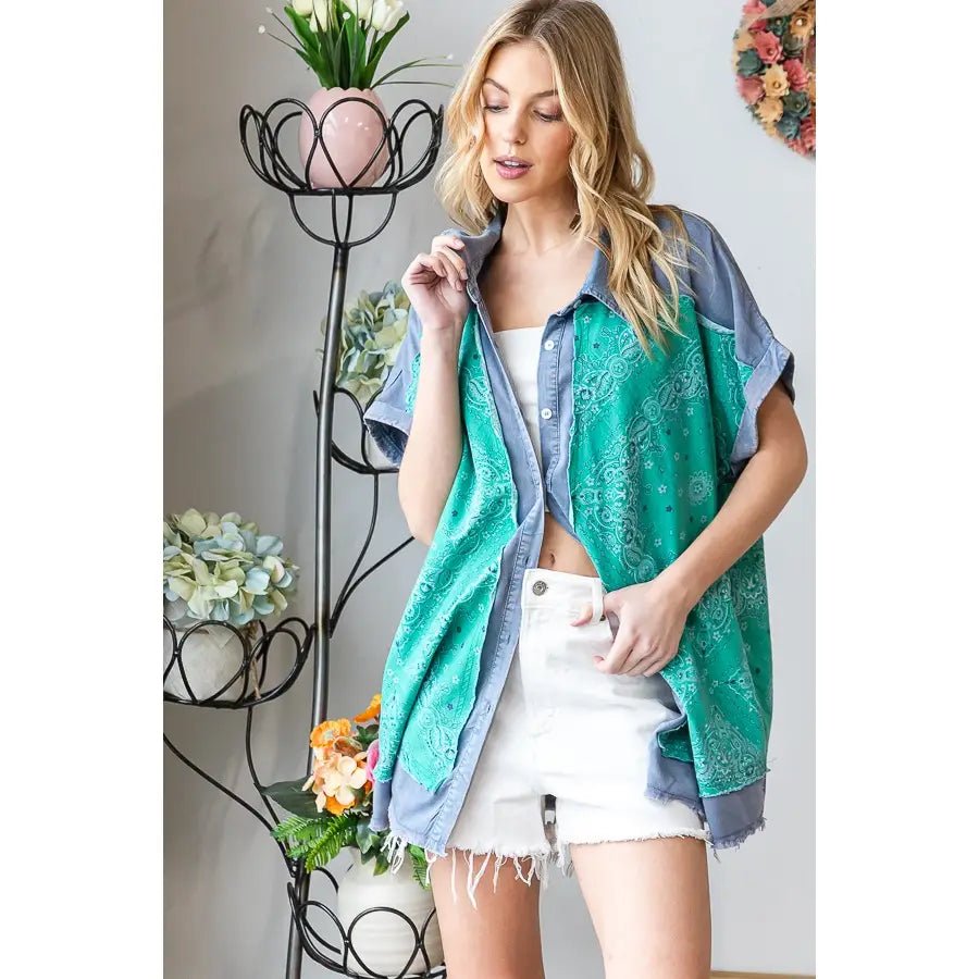 Washed Scarf Print Button Front Shirt - The Bronze Butterfly