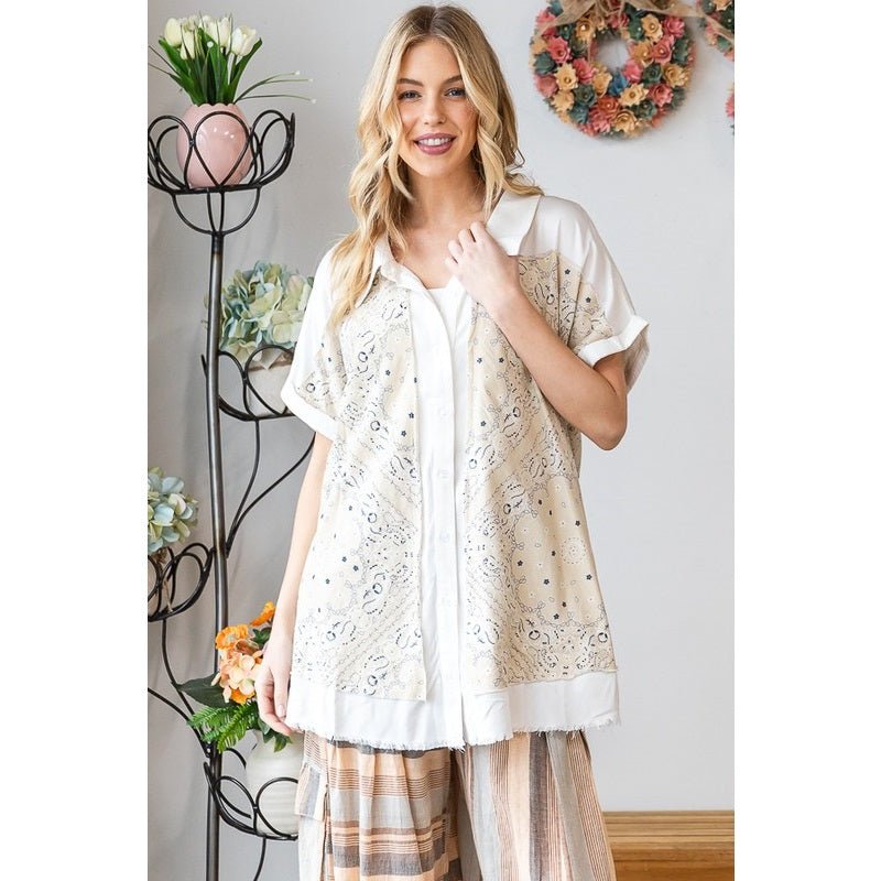 Washed Scarf Print Button Front Shirt - The Bronze Butterfly