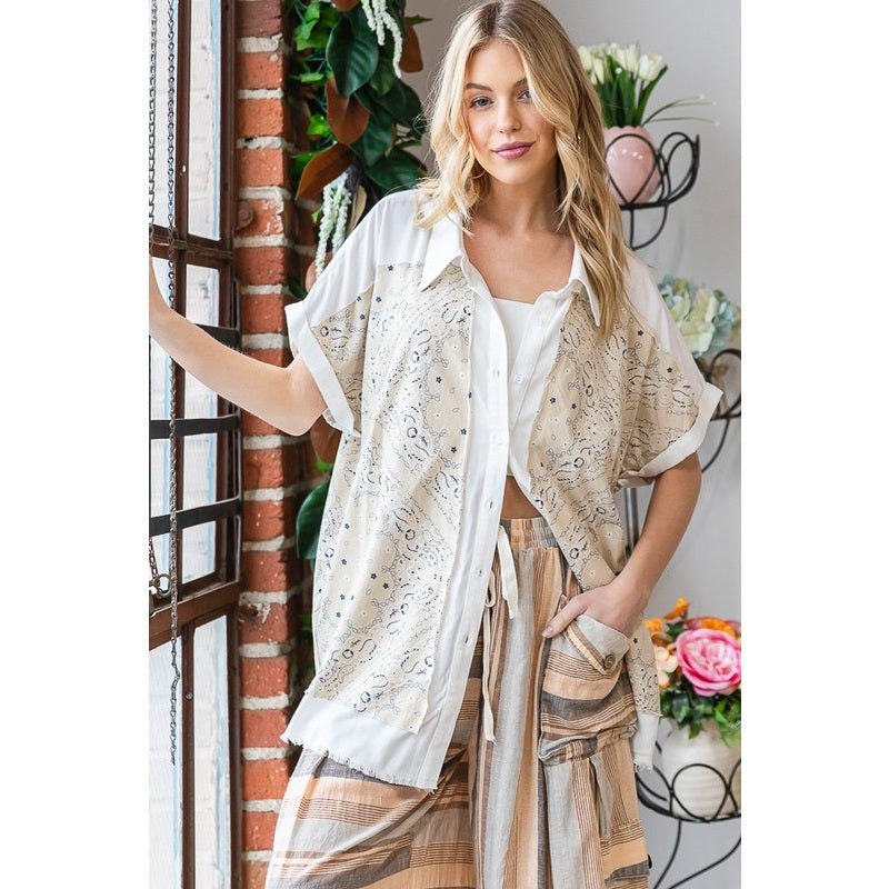 Washed Scarf Print Button Front Shirt - The Bronze Butterfly