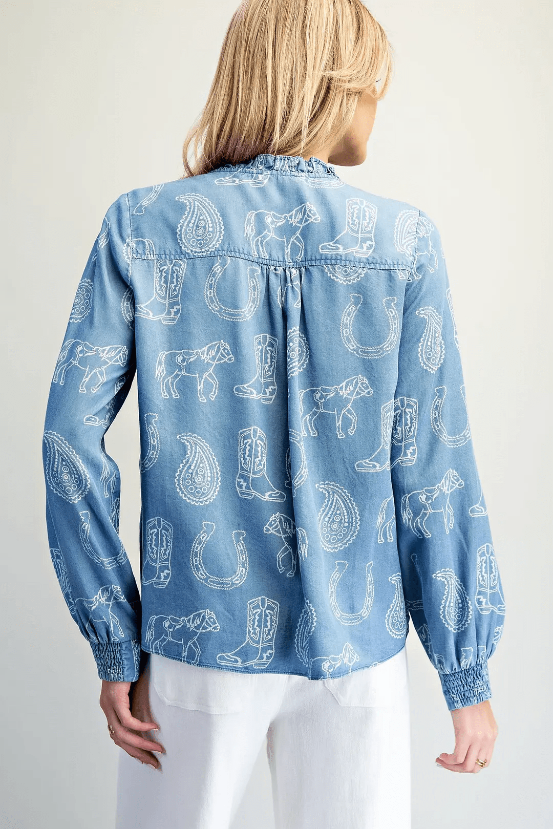 Washed Western Motif Ruffle Neck Top - The Bronze Butterfly