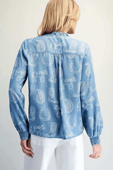 Washed Western Motif Ruffle Neck Top - The Bronze Butterfly