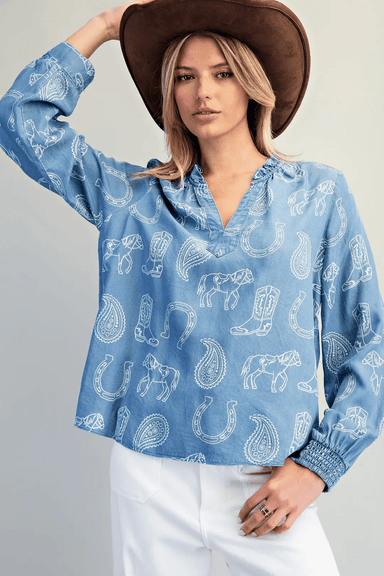 Washed Western Motif Ruffle Neck Top - The Bronze Butterfly