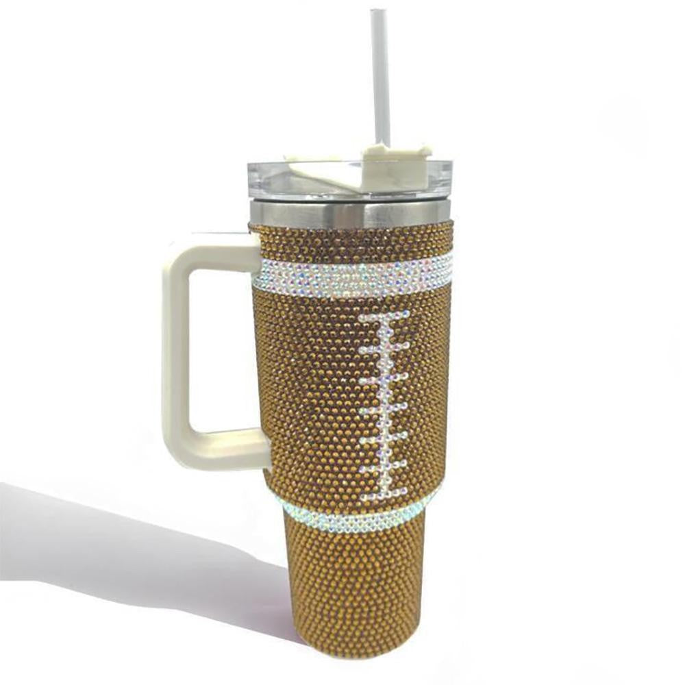 Rhinestone Studded Football Print 40oz Double Wall Stainless Steel Vacuum Tumbler With Handle