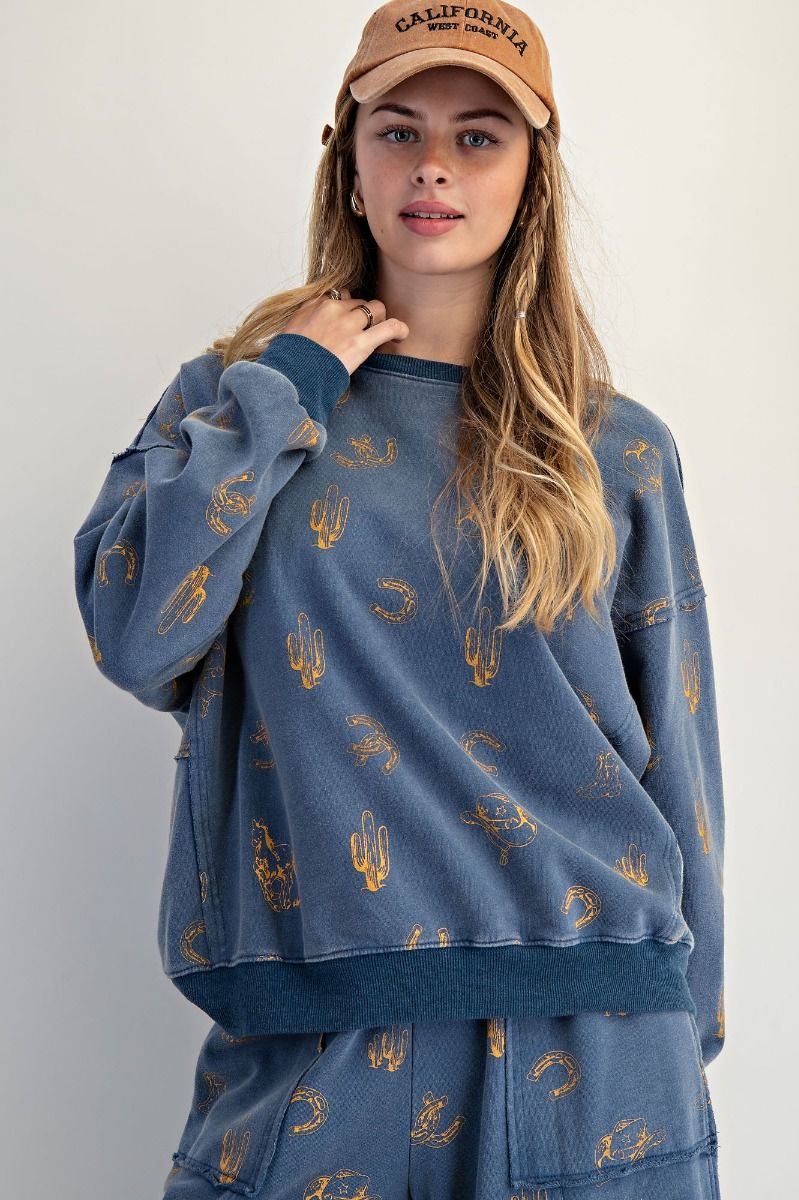 WESTERN PRINTED WASHED TERRY PULLOVER - The Bronze Butterfly