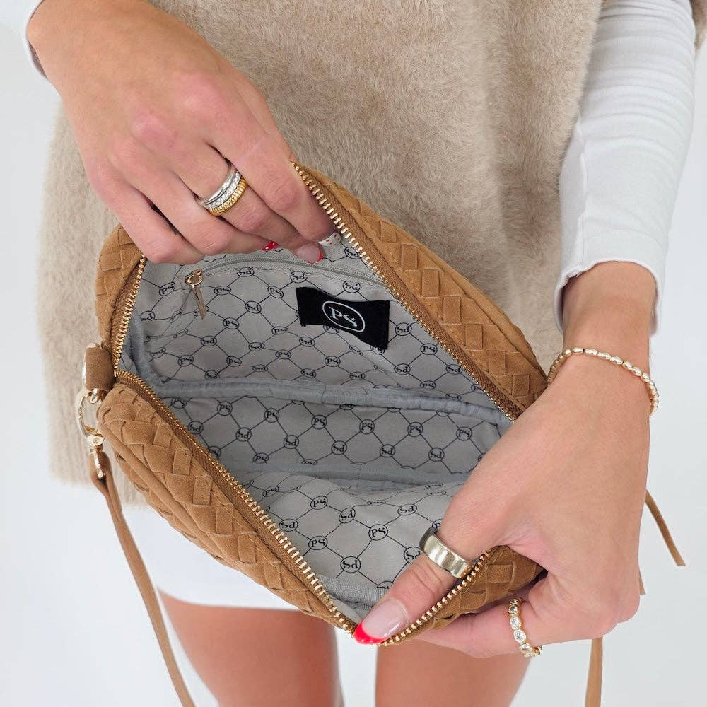 Willow Woven Faux Suede Camera Crossbody Bag | Camel - The Bronze Butterfly