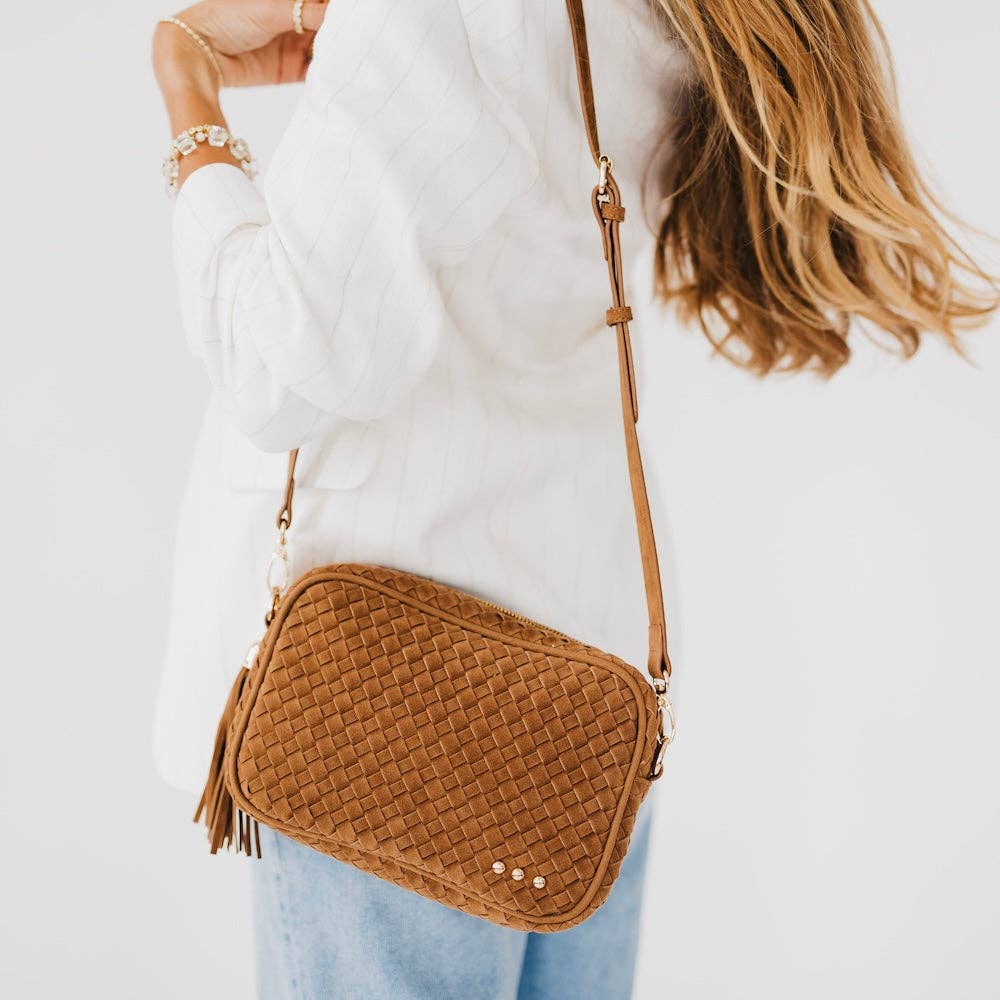 Willow Woven Faux Suede Camera Crossbody Bag | Camel - The Bronze Butterfly