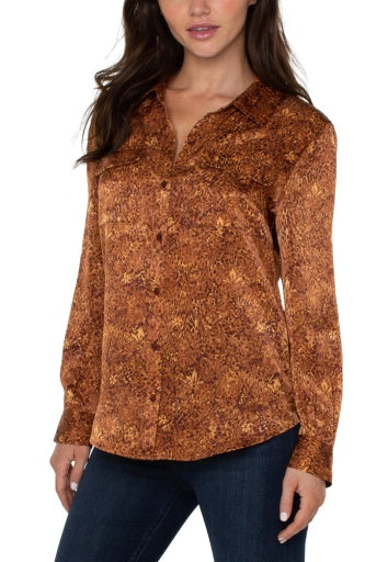 Liverpool Flap pocket button front woven blouse - Autumn Safari