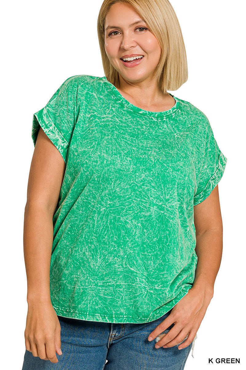 Zenana Crinkle Washed Round Neck Folded Short Sleeve Plus Size - The Bronze Butterfly