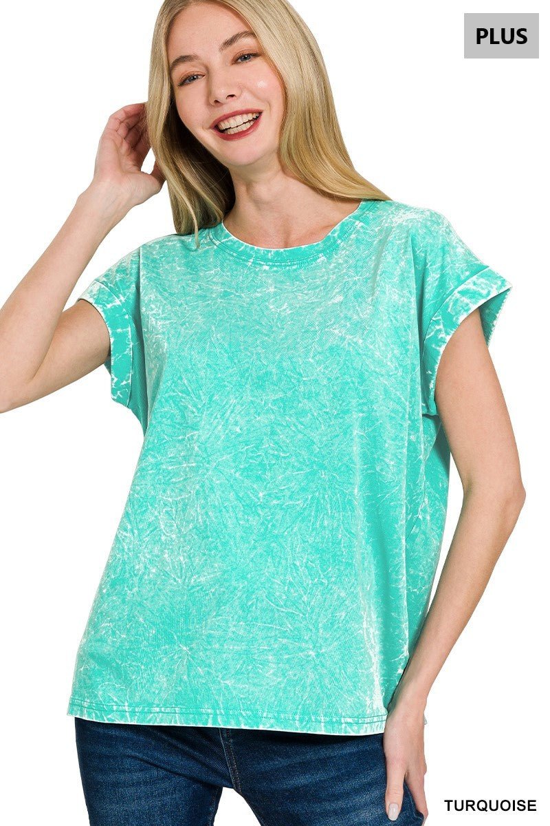 Zenana Crinkle Washed Round Neck Folded Short Sleeve Plus Size - The Bronze Butterfly