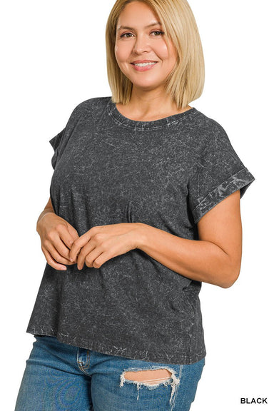 Zenana Crinkle Washed Round Neck Folded Short Sleeve Plus Size - The Bronze Butterfly