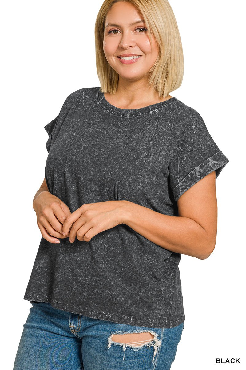 Zenana Crinkle Washed Round Neck Folded Short Sleeve Plus Size - The Bronze Butterfly