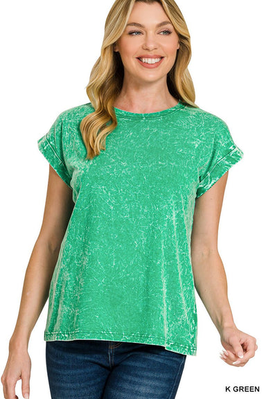 Zenana Crinkle Washed Round Neck Folded Short Sleeve Tee - The Bronze Butterfly