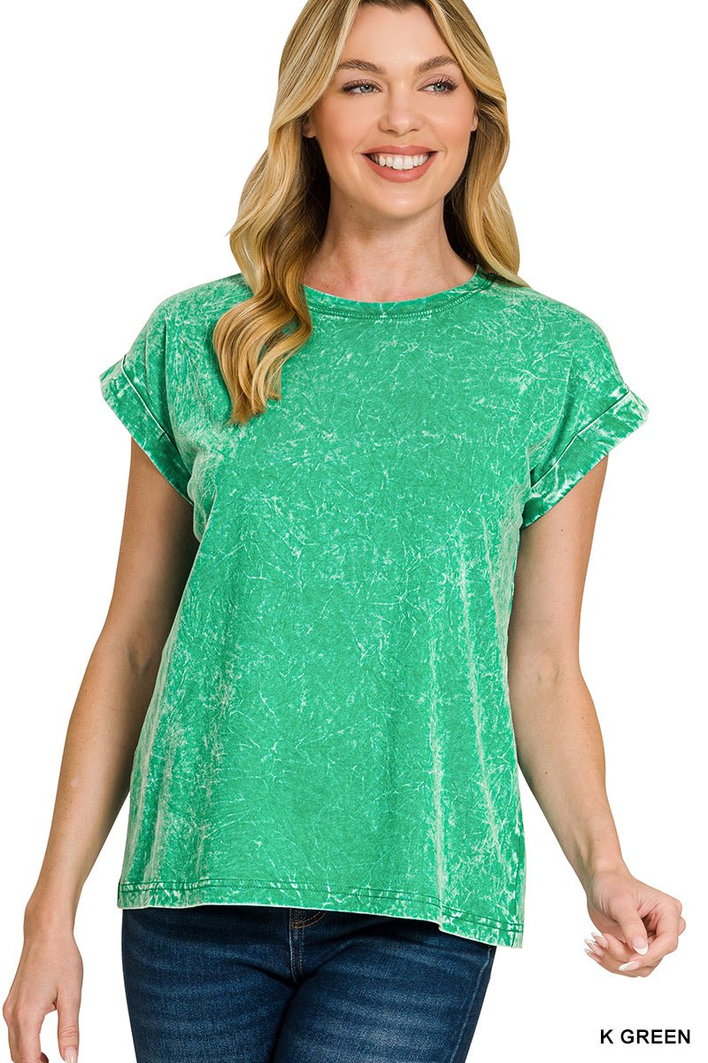 Zenana Crinkle Washed Round Neck Folded Short Sleeve Tee - The Bronze Butterfly