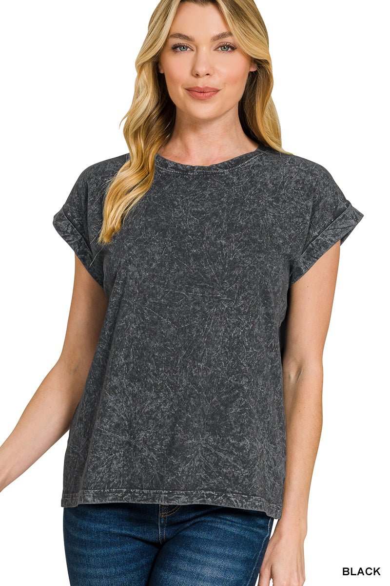 Zenana Crinkle Washed Round Neck Folded Short Sleeve Tee - The Bronze Butterfly