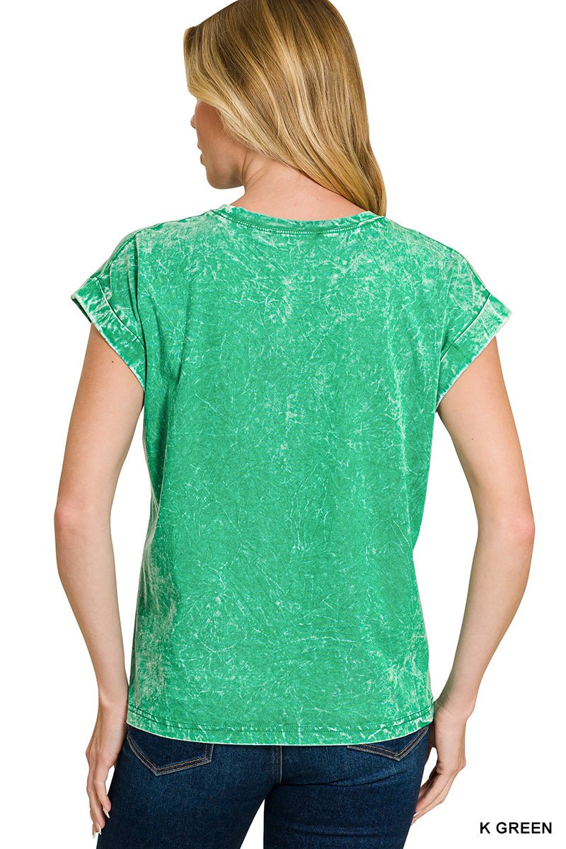 Zenana Crinkle Washed Round Neck Folded Short Sleeve Tee - The Bronze Butterfly