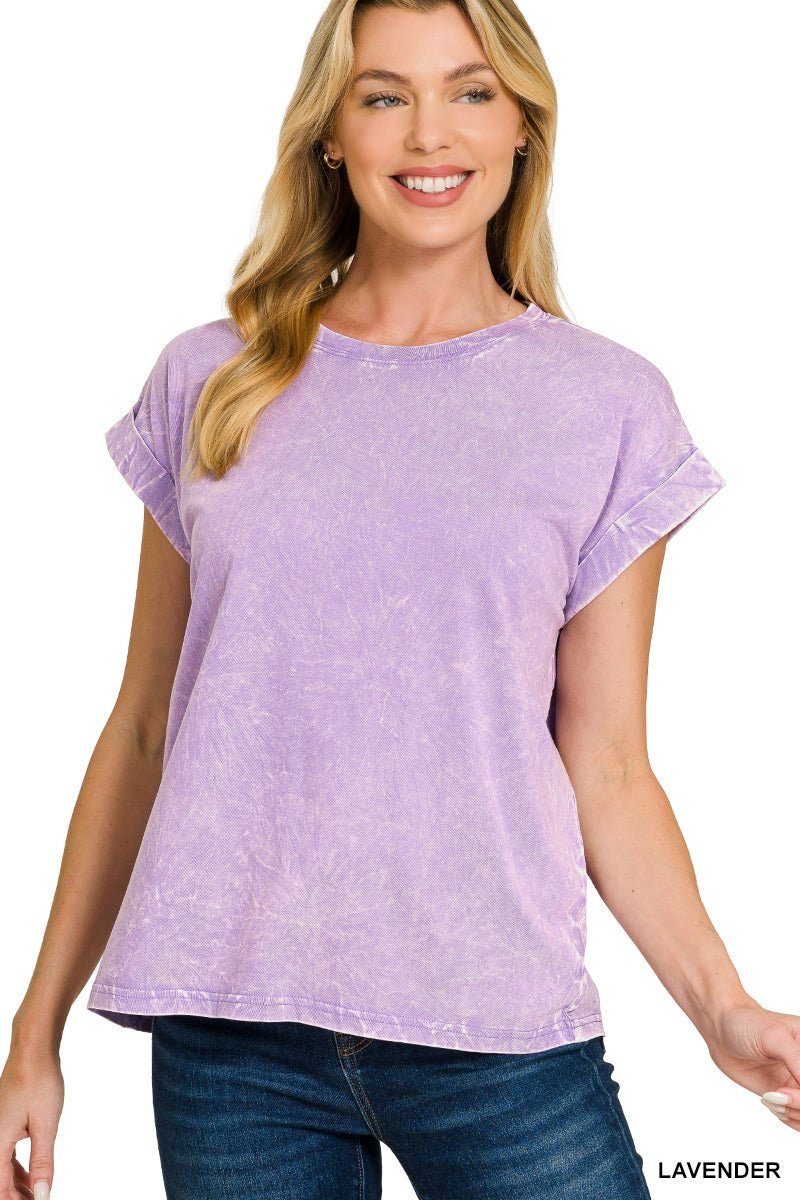 Zenana Crinkle Washed Round Neck Folded Short Sleeve Tee - The Bronze Butterfly