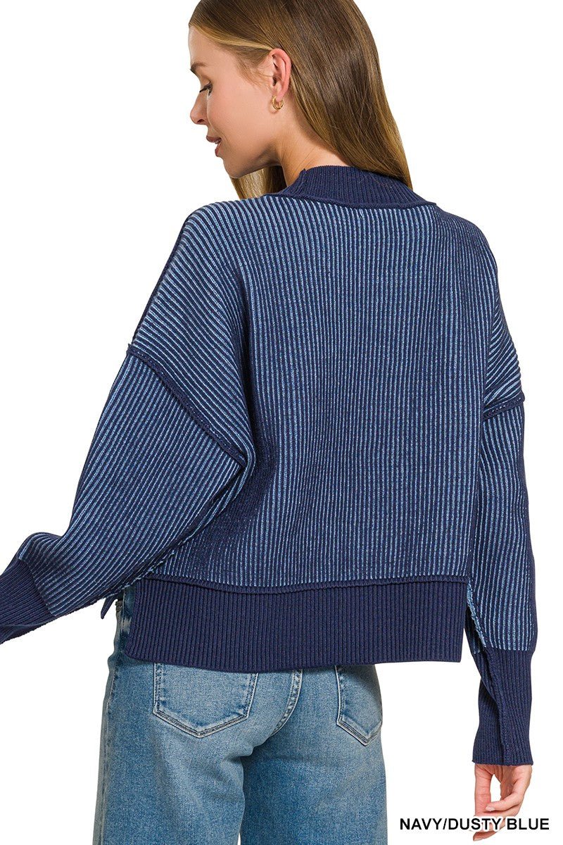 Zenana Two-Tone Exposed Seam Sweater - The Bronze Butterfly