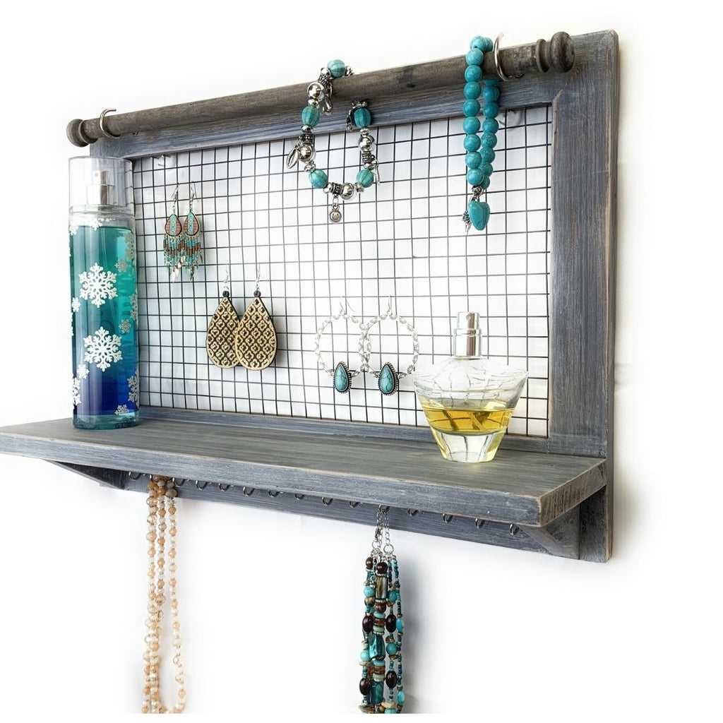 BarrettHillWoodcraft Jewelry Organizer Necklace Holder Wall Mounted Modern  Rustic Wood Gray Wall Shelf - Zen Merchandiser