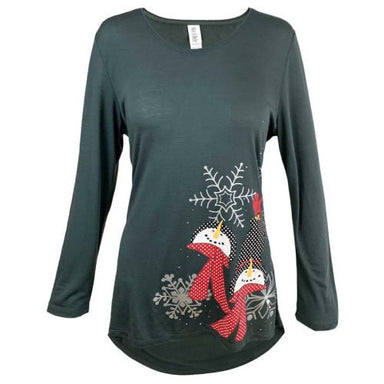 Snowman Patterned Women's Adult Dropped Back Hem Long Sleeve Charcoal Black Swing Top - The Bronze Butterfly