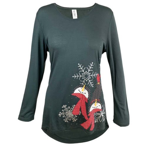 Snowman Patterned Women's Adult Dropped Back Hem Long Sleeve Charcoal Black Swing Top - The Bronze Butterfly